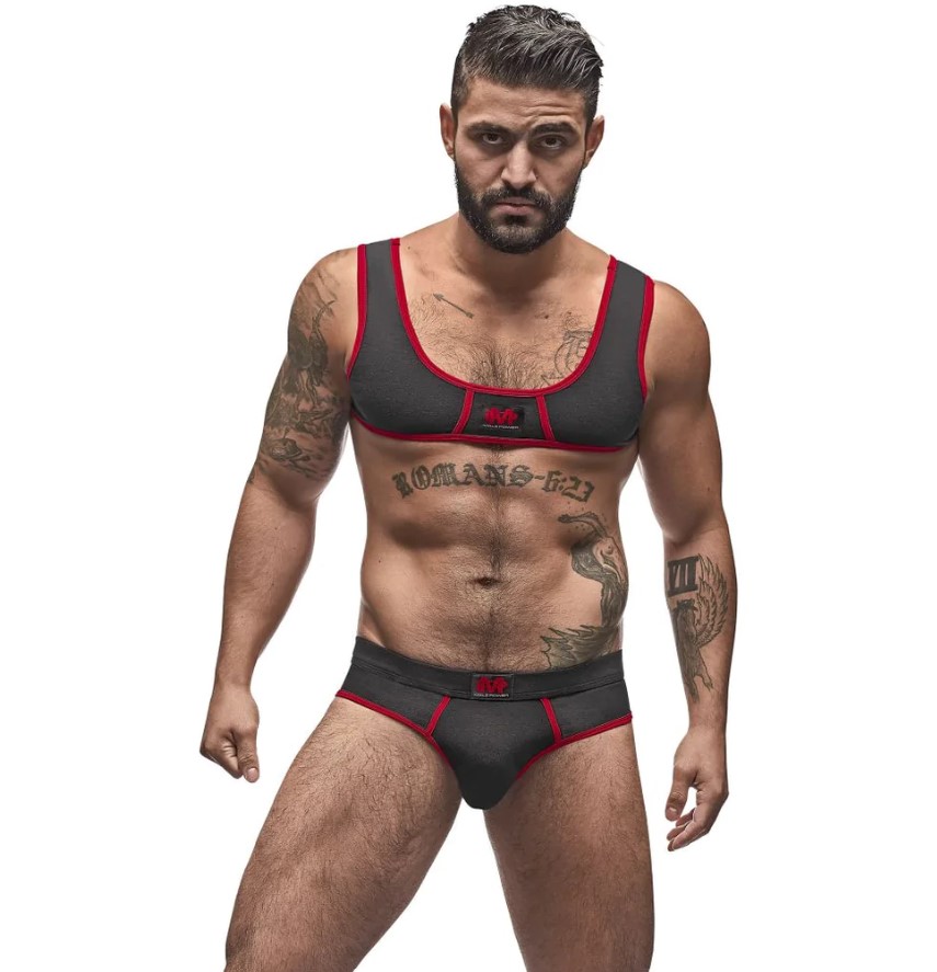 Male Power 100-052 Cotton Spandex Mini Tank Bikini Set Color Black-Red - Men's Bikini Underwear
