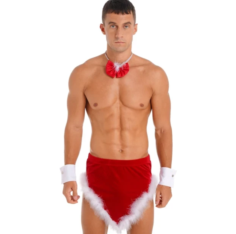 RED MENS CHRISTMAS SANTA CLAUS COSTUME THEME PARTY ROLE PLAY OUTFIT NIGHTWEAR FEATHER TRIM VELVET SKIRT WITH BOW TIE CUFFS
